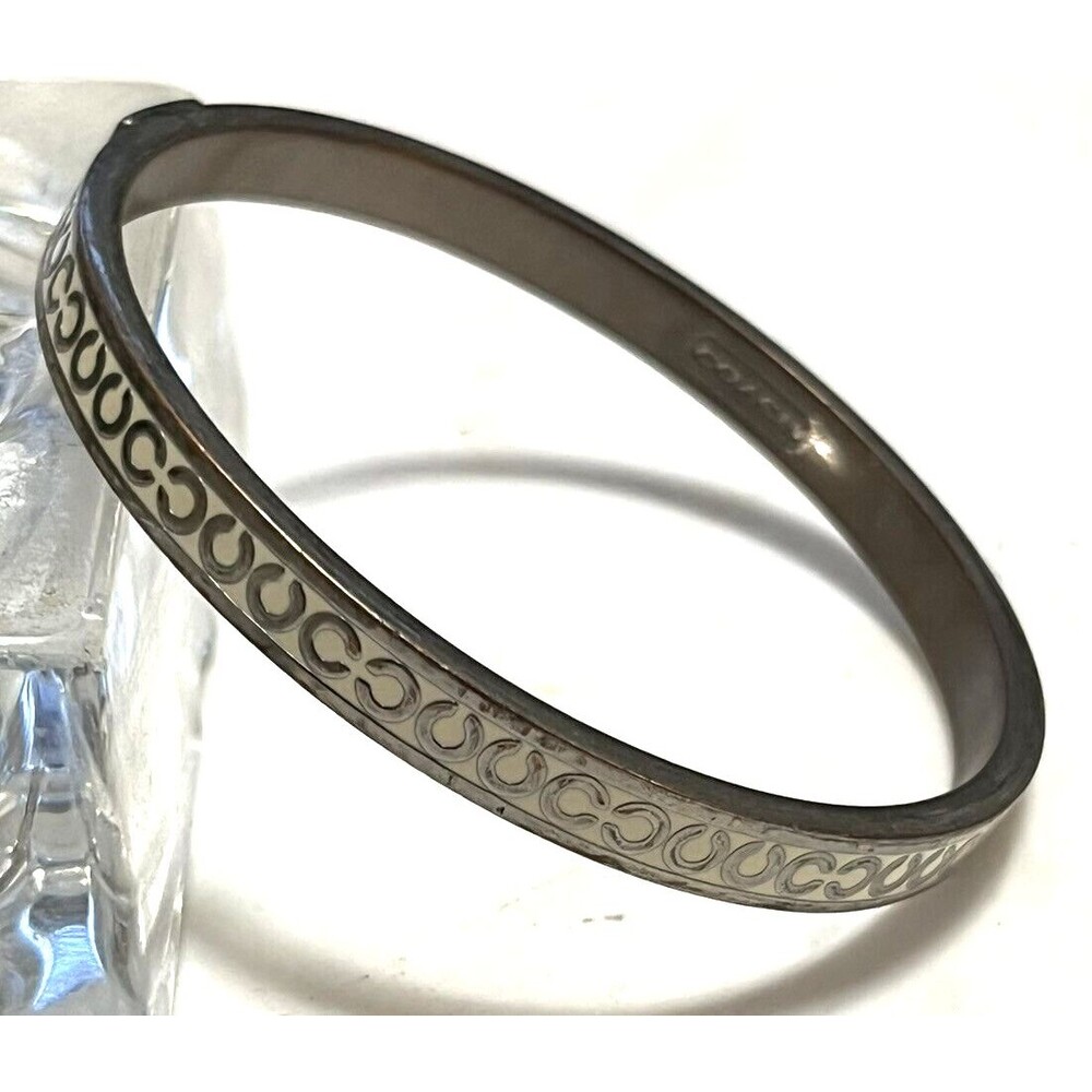 COACH Bracelet Bangle White Enamel Signature‎ Logo Stackable Classic Silverplate